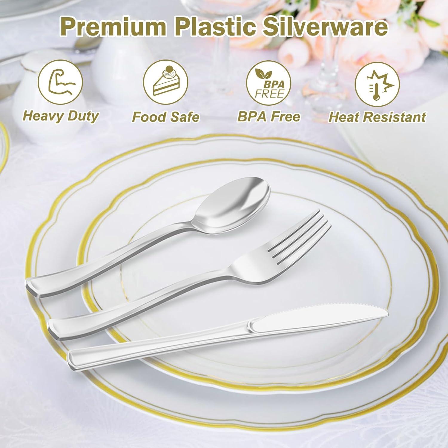200 Count Heavy Duty Silver Plastic Silverware, 100 Forks, 50 Spoons ...