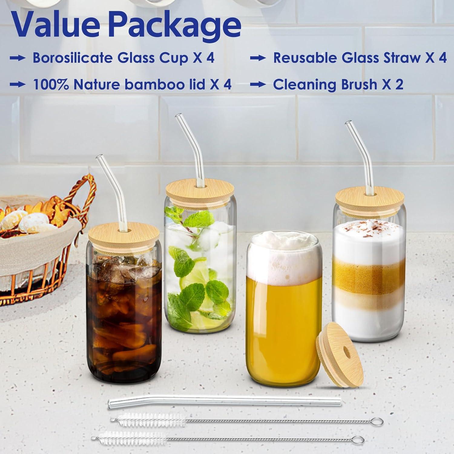 4 Set Glass Cups with Lids and Straws 16 oz, Glasses Drinking Set, Iced ...