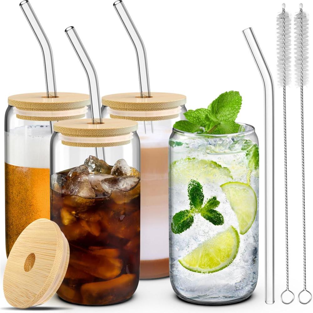 4 Set Glass Cups with Lids and Straws 16 oz, Glasses Drinking Set, Iced ...